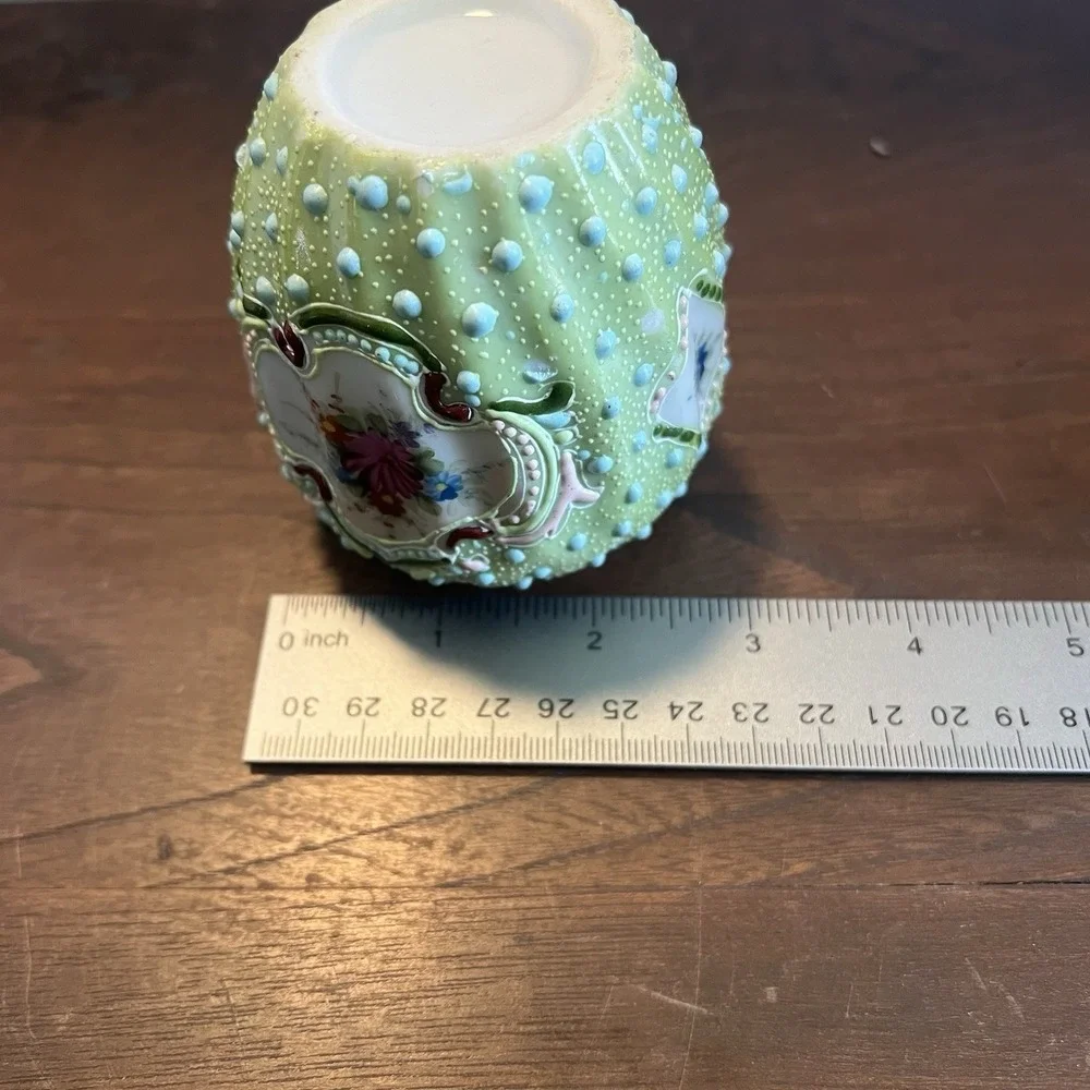 Antique Nippon Moriage Vase Hand Painted Floral Celadon Green Porcelain 3.25